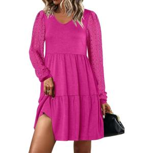 imageANRABESS Dresses for Women Casual Lace Long Sleeve V Neck Tiered Swing Flowy Loose Aline Mini Short 2025 Fall Vacation DressHot Pink