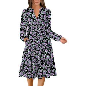 imageANRABESS Long Sleeve Midi Dresses for Women V Neck 2025 Fall Fashion Casual Loose Fit Flowy Swing Tiered Vacation Boho DressFloral Black Purple