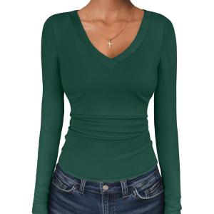 imageANRABESS Long Sleeve Shirts for Women V Neck Basic Tees Top Casual Going Out Tshirt Workout Outfits 2025 Fall Fashion ClothesDeep Green