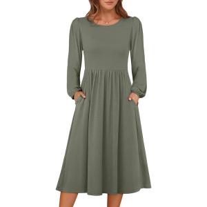 imageANRABESS Women Long Sleeve Midi Dress Crewneck 2025 Fall Fashion Casual Flowy ALine Long Dresses Vacation Outfit with PocketArmy Green