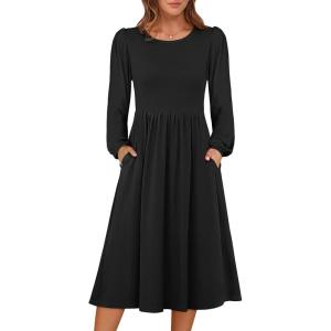 imageANRABESS Women Long Sleeve Midi Dress Crewneck 2025 Fall Fashion Casual Flowy ALine Long Dresses Vacation Outfit with PocketBlack