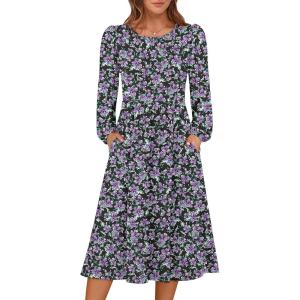 imageANRABESS Women Long Sleeve Midi Dress Crewneck 2025 Fall Fashion Casual Flowy ALine Long Dresses Vacation Outfit with PocketFloral Black Purple