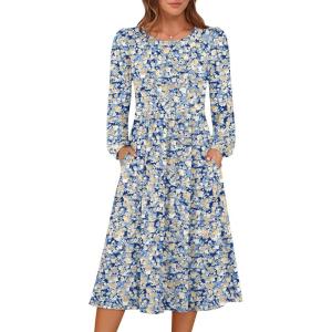 imageANRABESS Women Long Sleeve Midi Dress Crewneck 2025 Fall Fashion Casual Flowy ALine Long Dresses Vacation Outfit with PocketFloral Blue Yellow