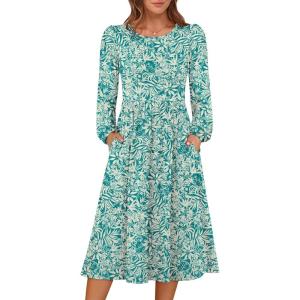 imageANRABESS Women Long Sleeve Midi Dress Crewneck 2025 Fall Fashion Casual Flowy ALine Long Dresses Vacation Outfit with PocketFloral Green