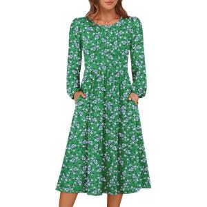 imageANRABESS Women Long Sleeve Midi Dress Crewneck 2025 Fall Fashion Casual Flowy ALine Long Dresses Vacation Outfit with PocketFloral Green Purple
