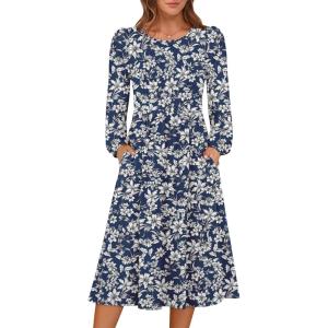 imageANRABESS Women Long Sleeve Midi Dress Crewneck 2025 Fall Fashion Casual Flowy ALine Long Dresses Vacation Outfit with PocketFloral Navy Blue White