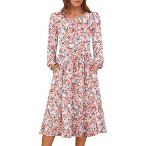 imageANRABESS Women Long Sleeve Midi Dress Crewneck 2025 Fall Fashion Casual Flowy ALine Long Dresses Vacation Outfit with PocketFloral Pink