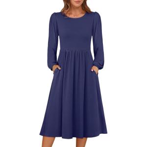 imageANRABESS Women Long Sleeve Midi Dress Crewneck 2025 Fall Fashion Casual Flowy ALine Long Dresses Vacation Outfit with PocketNavy Blue