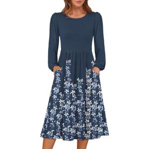 imageANRABESS Women Long Sleeve Midi Dress Crewneck 2025 Fall Fashion Casual Flowy ALine Long Dresses Vacation Outfit with PocketNavy Blue Floral Hem