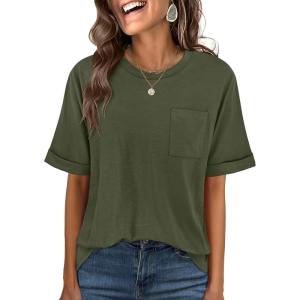 imageANRABESS Women Oversized T Shirts Short Sleeve Summer Casual Loose Top Basic Tee with PocketArmy Green