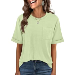 imageANRABESS Women Oversized T Shirts Short Sleeve Summer Casual Loose Top Basic Tee with PocketLight Green