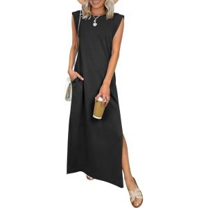 imageANRABESS Women Summer Casual Sleeveless Maxi Dress 2026 Crewneck Loose Split WrinkleFree Beach Travel Vacation Long SundressBlack