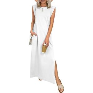 imageANRABESS Women Summer Casual Sleeveless Maxi Dress 2026 Crewneck Loose Split WrinkleFree Beach Travel Vacation Long SundressWhite