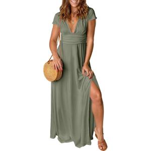 imageANRABESS Women Summer Deep V Neck Short Sleeve Dresses Slit Elegant Wedding Guest Formal Cocktail Evening Maxi Long DressArmy Green
