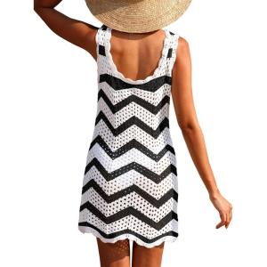 imageANRABESS Women Swimsuit Cover Ups Summer Sleeveless Beach Crochet Swimwear Bathing Suit Knit Swim Dress 2025 Vacation OutfitsBlack White Stripe