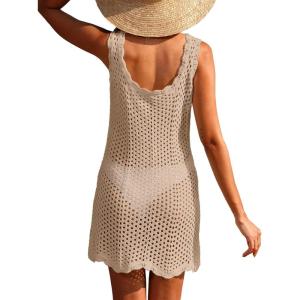imageANRABESS Women Swimsuit Cover Ups Summer Sleeveless Beach Crochet Swimwear Bathing Suit Knit Swim Dress 2025 Vacation OutfitsKhaki