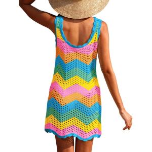 imageANRABESS Women Swimsuit Cover Ups Summer Sleeveless Beach Crochet Swimwear Bathing Suit Knit Swim Dress 2025 Vacation OutfitsRainbow Stripe
