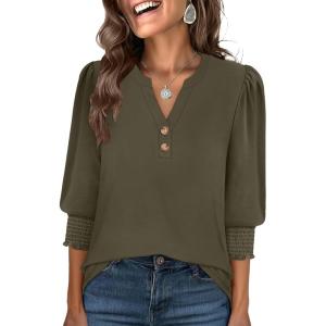 imageANRABESS Womens 34 Sleeve Blouses Dressy Casual Henley Shirts V Neck Work Business Tee Tops 2025 Fashion Vacation ClothesArmy Green