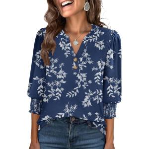 imageANRABESS Womens 34 Sleeve Blouses Dressy Casual Henley Shirts V Neck Work Business Tee Tops 2025 Fashion Vacation ClothesBlue White Floral