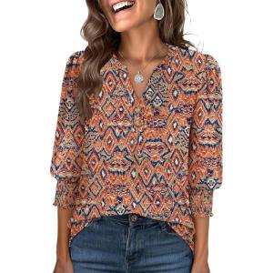 imageANRABESS Womens 34 Sleeve Blouses Dressy Casual Henley Shirts V Neck Work Business Tee Tops 2025 Fashion Vacation ClothesBohemian Orange