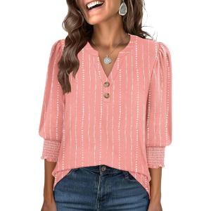 imageANRABESS Womens 34 Sleeve Blouses Dressy Casual Henley Shirts V Neck Work Business Tee Tops 2025 Fashion Vacation ClothesCoral White Stripe
