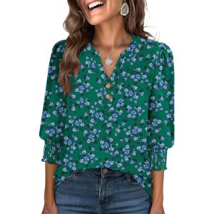 imageANRABESS Womens 34 Sleeve Blouses Dressy Casual Henley Shirts V Neck Work Business Tee Tops 2025 Fashion Vacation ClothesGreen Purple Floral