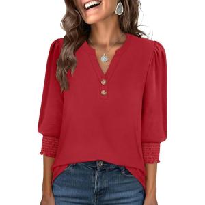 imageANRABESS Womens 34 Sleeve Blouses Dressy Casual Henley Shirts V Neck Work Business Tee Tops 2025 Fashion Vacation ClothesRed