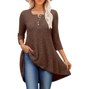 imageANRABESS Womens 34 Sleeve Long Tunic Tops for Leggings High Low Henley Shirts Dressy Casual Loose Blouses 2025 Fall FashionBrown