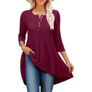 imageANRABESS Womens 34 Sleeve Long Tunic Tops for Leggings High Low Henley Shirts Dressy Casual Loose Blouses 2025 Fall FashionBurgundy