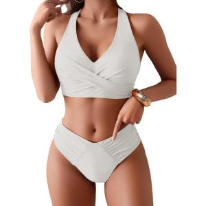 imageANRABESS Womens Bikini Sets Two Piece Swimsuits High Waisted Halter Twist Front Bathing Suit 2026 Summer Beach SwimwearWhite