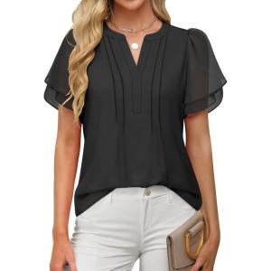 imageANRABESS Womens Dressy Chiffon Blouses V Neck Petal Short Sleeve Shirts 2025 Summer Casual Business Office Work TopsBlack