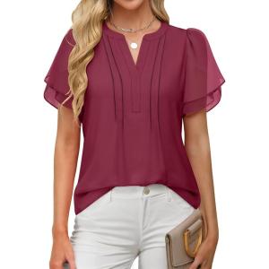 imageANRABESS Womens Dressy Chiffon Blouses V Neck Petal Short Sleeve Shirts 2025 Summer Casual Business Office Work TopsBurgundy
