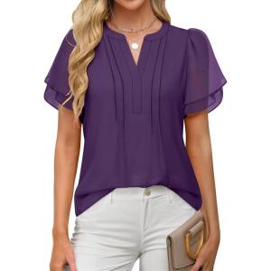 imageANRABESS Womens Dressy Chiffon Blouses V Neck Petal Short Sleeve Shirts 2025 Summer Casual Business Office Work TopsDeep Purple