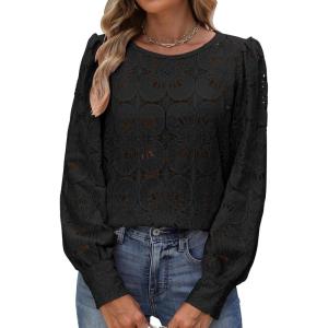imageANRABESS Womens Eyelet Long Sleeve Tops Business Casual Blouses Crochet Lace Shirts 2025 Fall Fashion OutfitsBlack