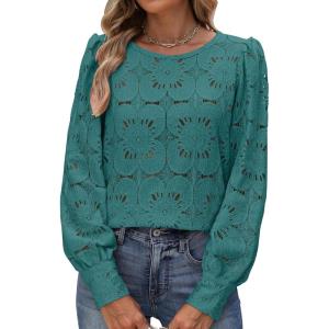 imageANRABESS Womens Eyelet Long Sleeve Tops Business Casual Blouses Crochet Lace Shirts 2025 Fall Fashion OutfitsGreen