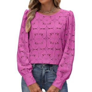 imageANRABESS Womens Eyelet Long Sleeve Tops Business Casual Blouses Crochet Lace Shirts 2025 Fall Fashion OutfitsHot Pink