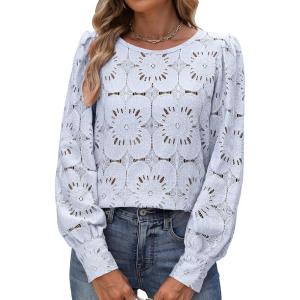 imageANRABESS Womens Eyelet Long Sleeve Tops Business Casual Blouses Crochet Lace Shirts 2025 Fall Fashion OutfitsLight Blue