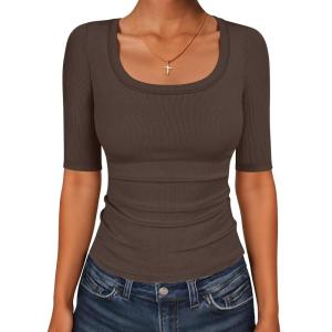 imageANRABESS Womens Half Sleeve Tops Scoop Neck Ribbed Knit Slim Fitted Basic Tee Shirts Summer 2025 Trendy Fall Casual ClothesCoffee