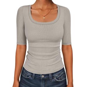 imageANRABESS Womens Half Sleeve Tops Scoop Neck Ribbed Knit Slim Fitted Basic Tee Shirts Summer 2025 Trendy Fall Casual ClothesKhaki