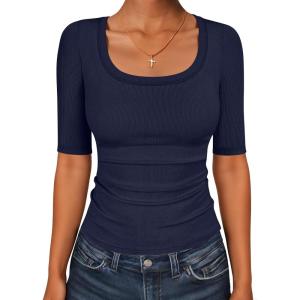 imageANRABESS Womens Half Sleeve Tops Scoop Neck Ribbed Knit Slim Fitted Basic Tee Shirts Summer 2025 Trendy Fall Casual ClothesNavy Blue