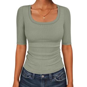 imageANRABESS Womens Half Sleeve Tops Scoop Neck Ribbed Knit Slim Fitted Basic Tee Shirts Summer 2025 Trendy Fall Casual ClothesSage Green
