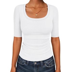 imageANRABESS Womens Half Sleeve Tops Scoop Neck Ribbed Knit Slim Fitted Basic Tee Shirts Summer 2025 Trendy Fall Casual ClothesWhite