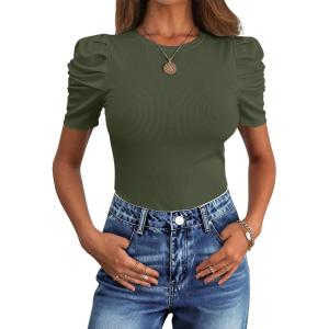 imageANRABESS Womens Puff Sleeve Crewneck Dressy Casual Tops Summer Fitted Ribbed Knit Trendy Going Out T Shirts 2026 SpringArmy Green