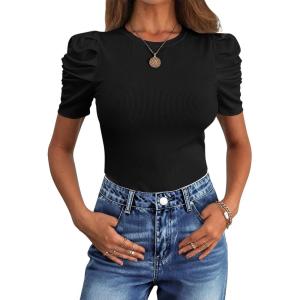 imageANRABESS Womens Puff Sleeve Crewneck Dressy Casual Tops Summer Fitted Ribbed Knit Trendy Going Out T Shirts 2026 SpringBlack