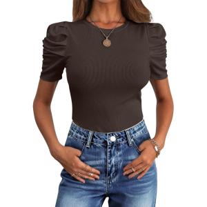 imageANRABESS Womens Puff Sleeve Crewneck Dressy Casual Tops Summer Fitted Ribbed Knit Trendy Going Out T Shirts 2026 SpringCoffee