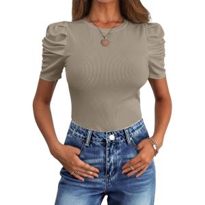 imageANRABESS Womens Puff Sleeve Crewneck Dressy Casual Tops Summer Fitted Ribbed Knit Trendy Going Out T Shirts 2026 SpringLight Khaki
