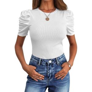 imageANRABESS Womens Puff Sleeve Crewneck Dressy Casual Tops Summer Fitted Ribbed Knit Trendy Going Out T Shirts 2026 SpringWhite