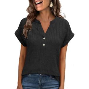 imageANRABESS Womens Short Sleeve Henley Shirts V Neck Summer Sweaters 2026 Spring Business Tunic Tops Dressy Casual Work BlousesBlack