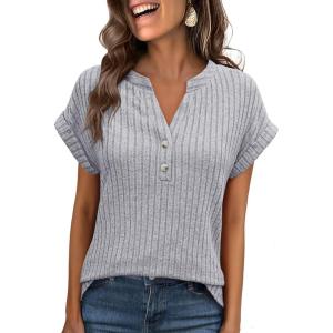 imageANRABESS Womens Short Sleeve Henley Shirts V Neck Summer Sweaters 2026 Spring Business Tunic Tops Dressy Casual Work BlousesGrey