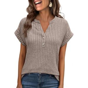 imageANRABESS Womens Short Sleeve Henley Shirts V Neck Summer Sweaters 2026 Spring Business Tunic Tops Dressy Casual Work BlousesLight Ash Brown